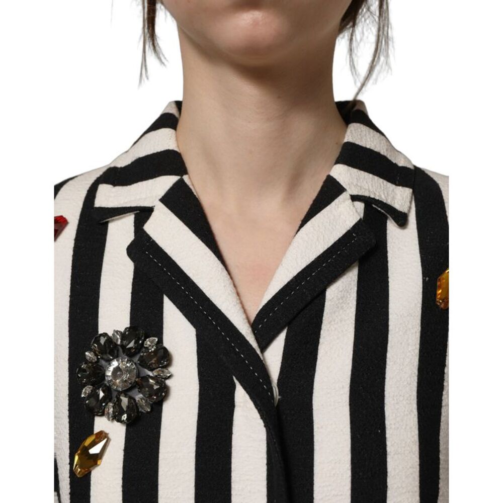 Dolce & Gabbana Black White Striped Embellished Coat Women's Jacket